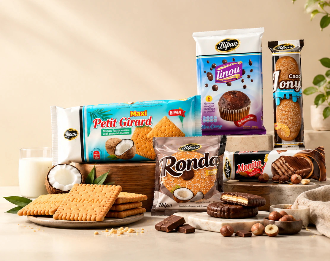 Les paquets Bipan : Maxi Petit Girard, Linou, Jony, Ronda et Monita, avec biscuits, noix de coco et chocolat